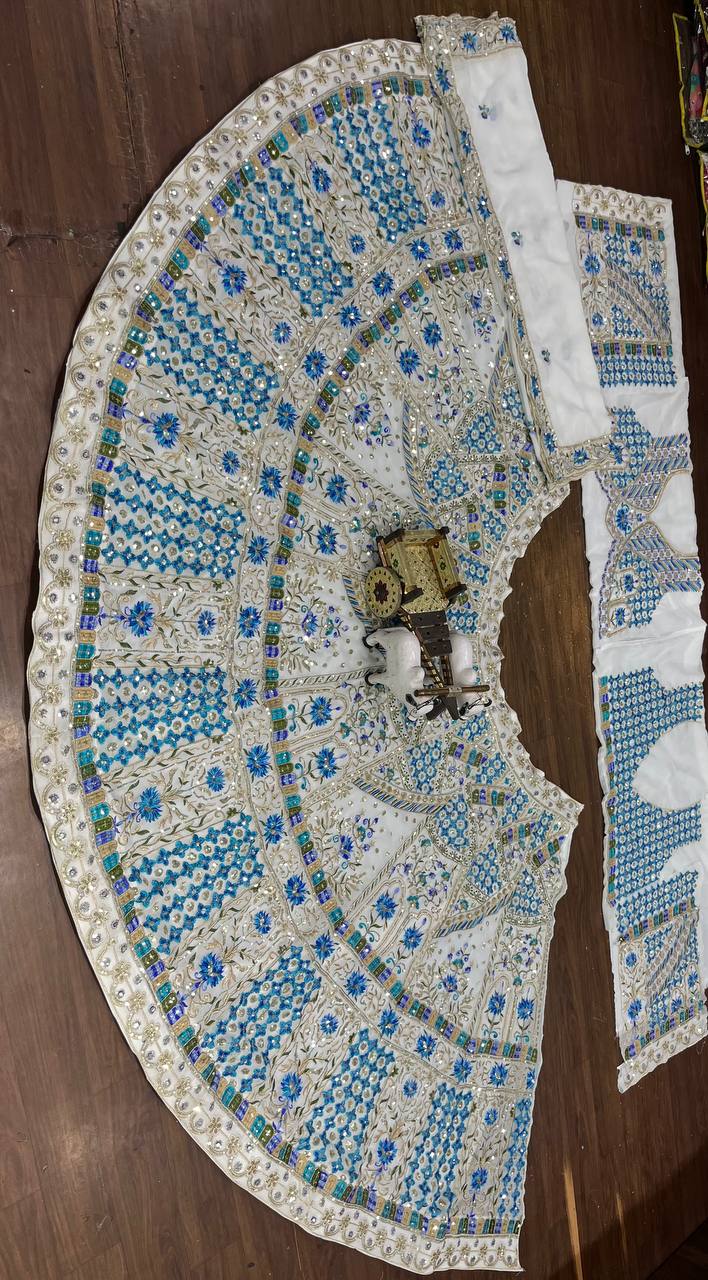 White and Royal Blue Embroidered Lehenga Set with Mirror and Sequin Work