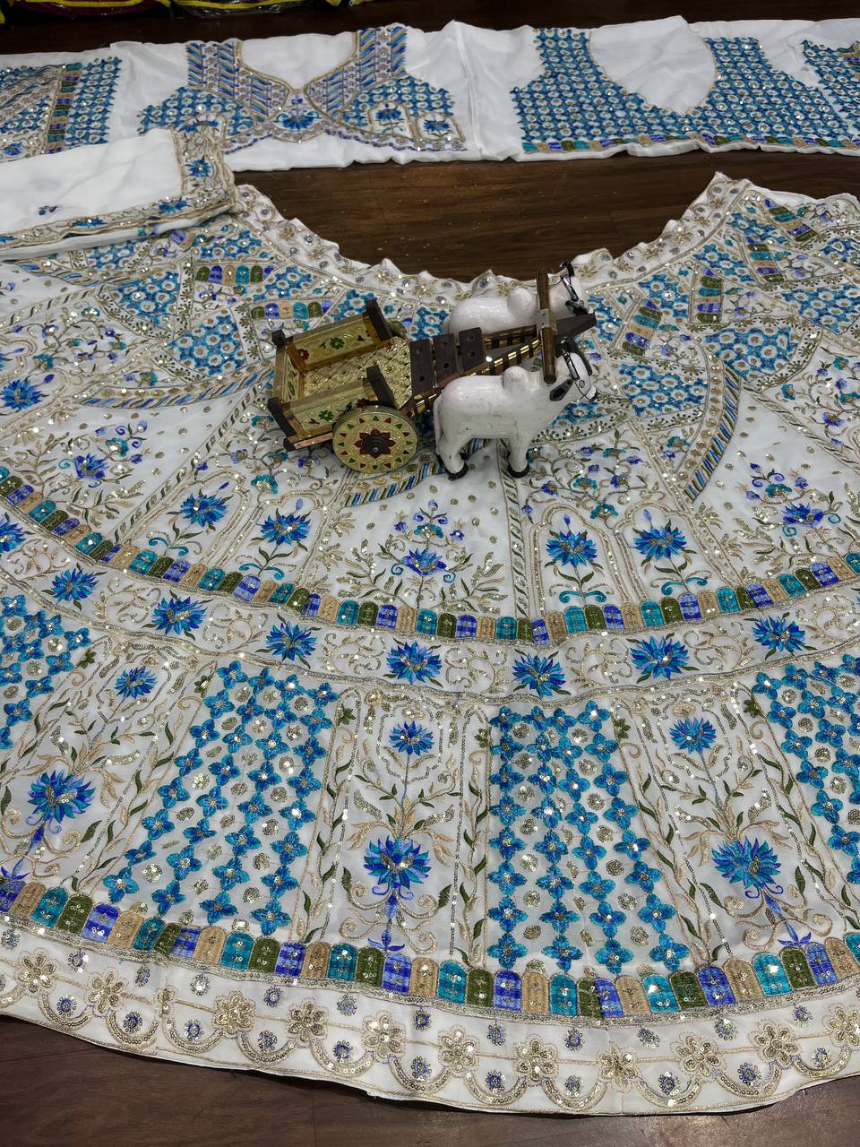 White and Royal Blue Embroidered Lehenga Set with Mirror and Sequin Work