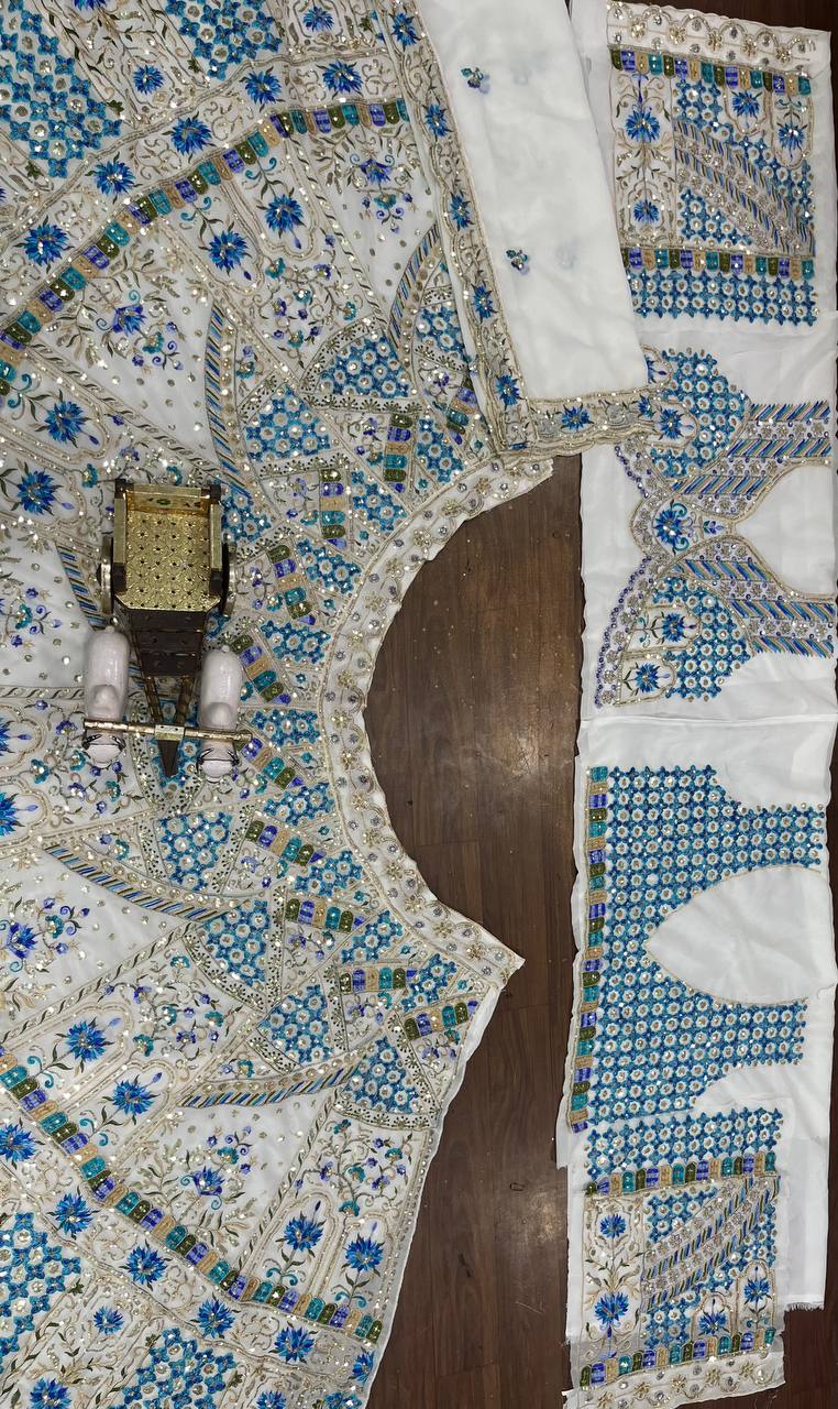 White and Royal Blue Embroidered Lehenga Set with Mirror and Sequin Work