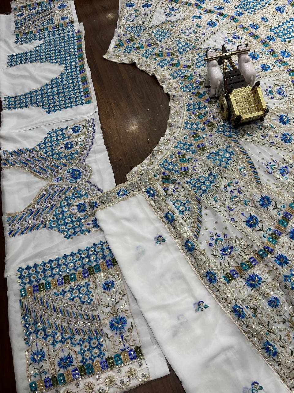 White and Royal Blue Embroidered Lehenga Set with Mirror and Sequin Work