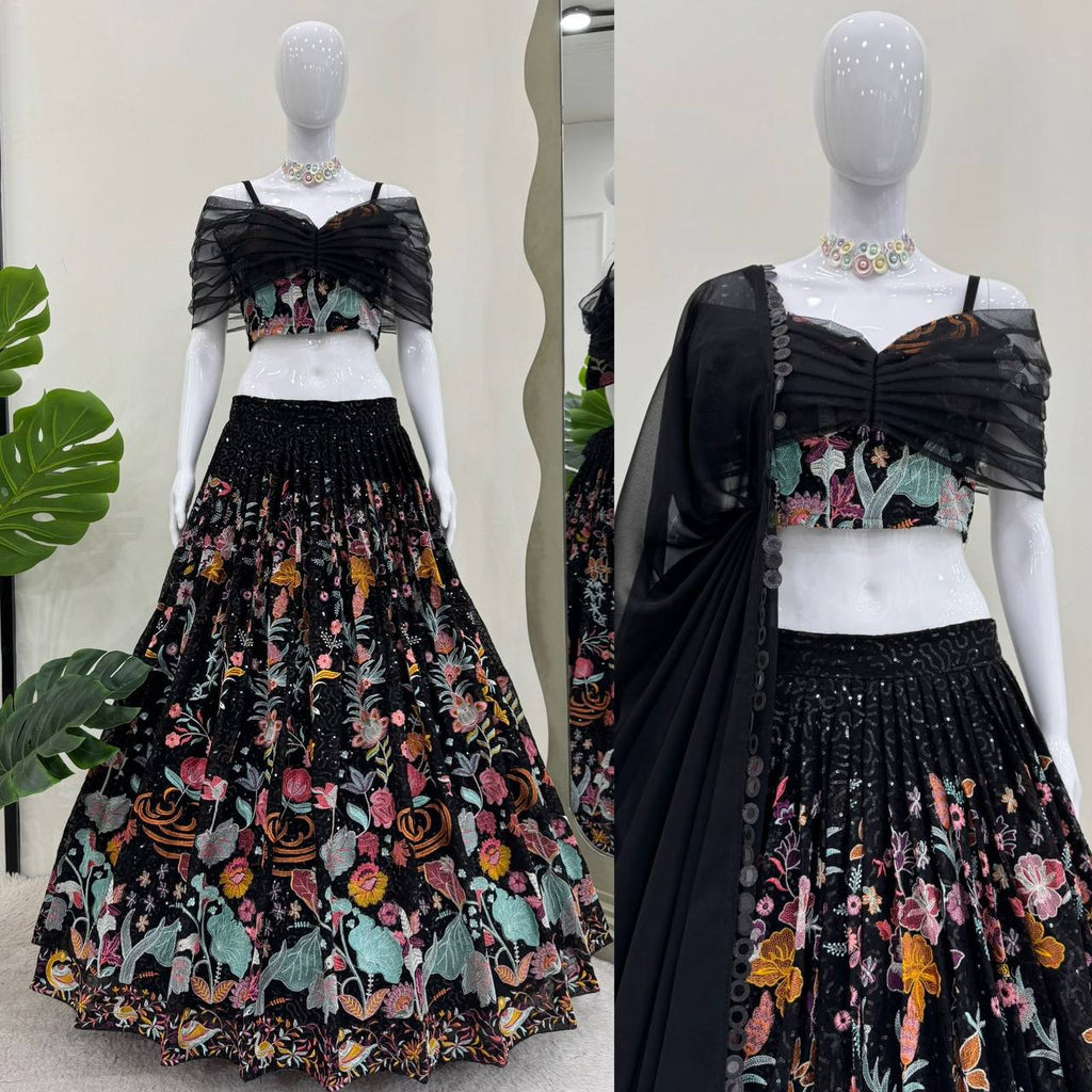 Faux Georgette Lehenga Choli Set - Thread & Sequence Embroidered black