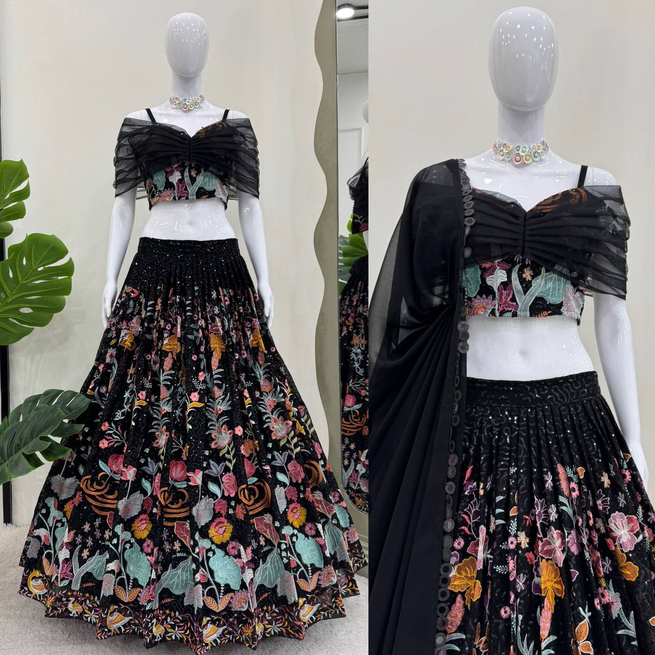 Faux Georgette Lehenga Choli Set - Thread & Sequence Embroidered black