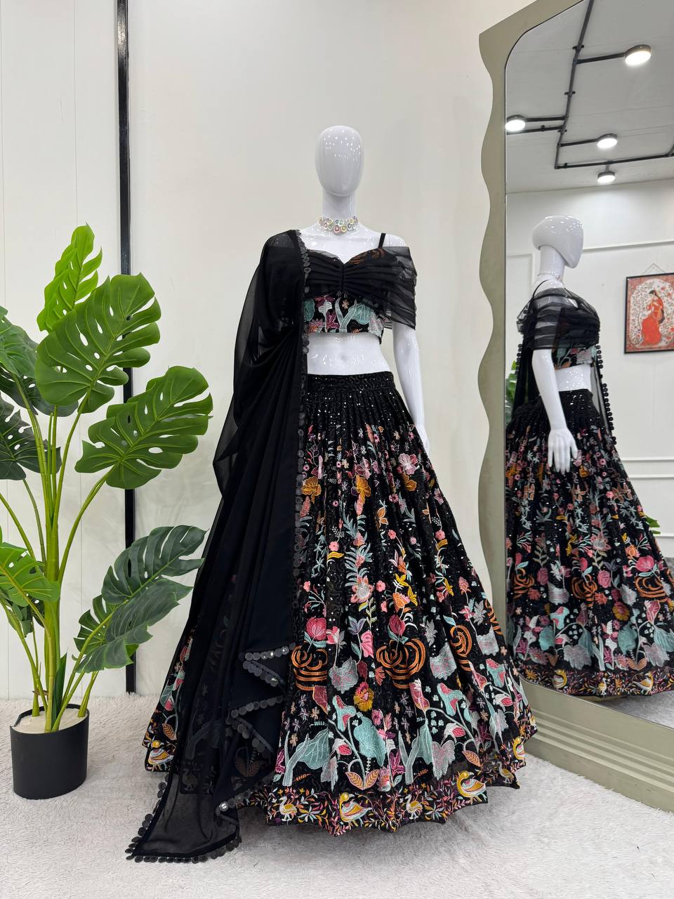 Faux Georgette Lehenga Choli Set - Thread & Sequence Embroidered black