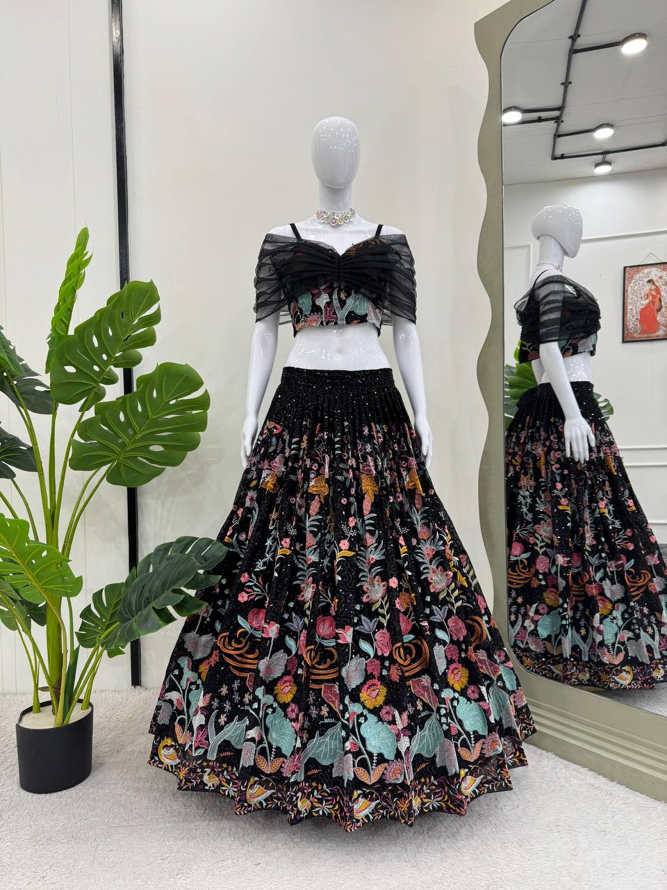Faux Georgette Lehenga Choli Set - Thread & Sequence Embroidered black
