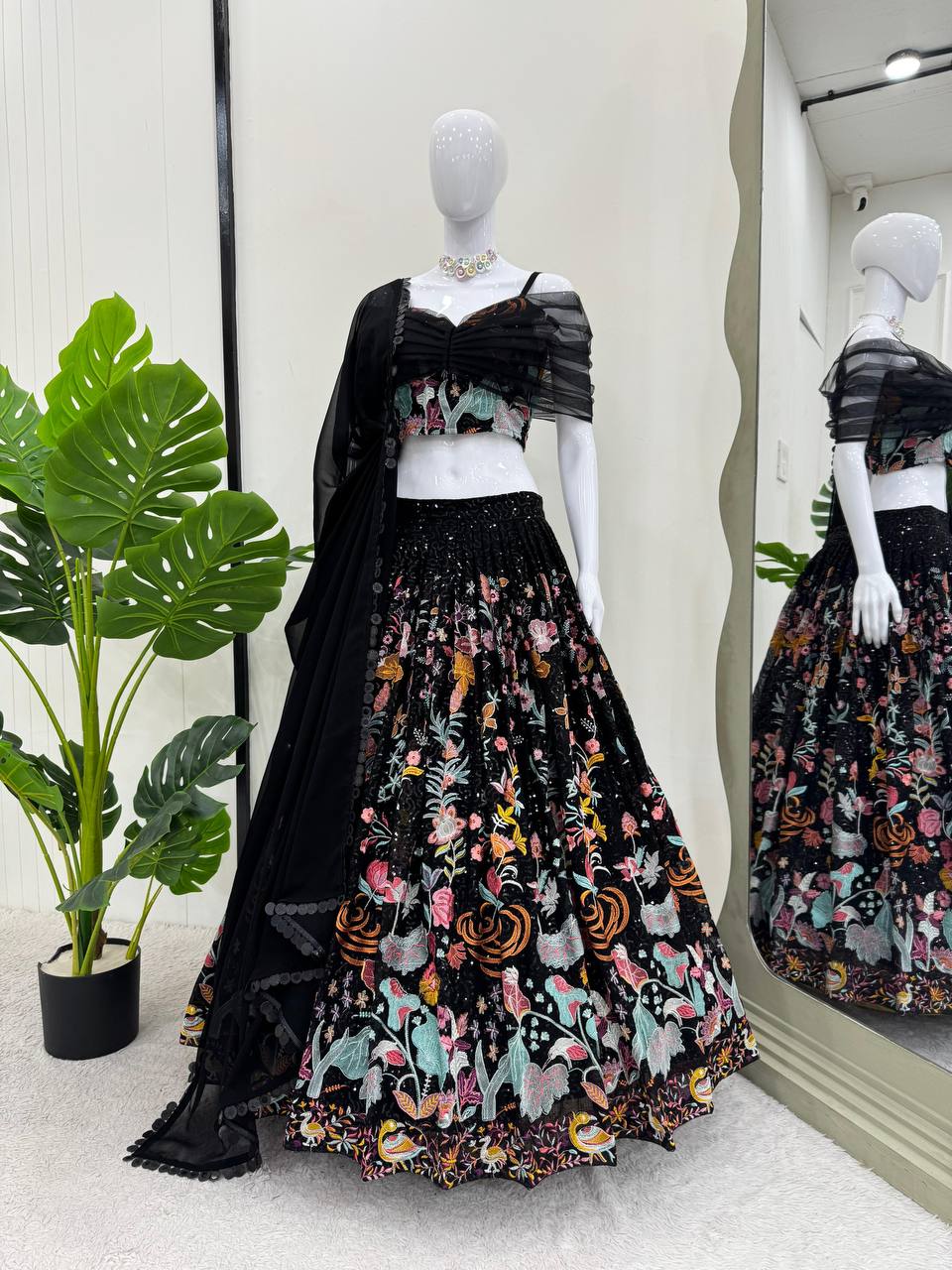 Faux Georgette Lehenga Choli Set - Thread & Sequence Embroidered black