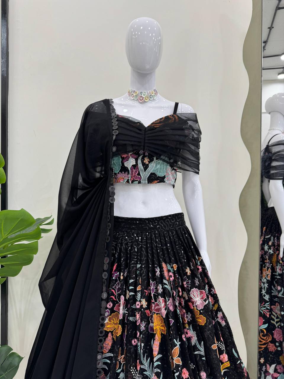 Faux Georgette Lehenga Choli Set - Thread & Sequence Embroidered black