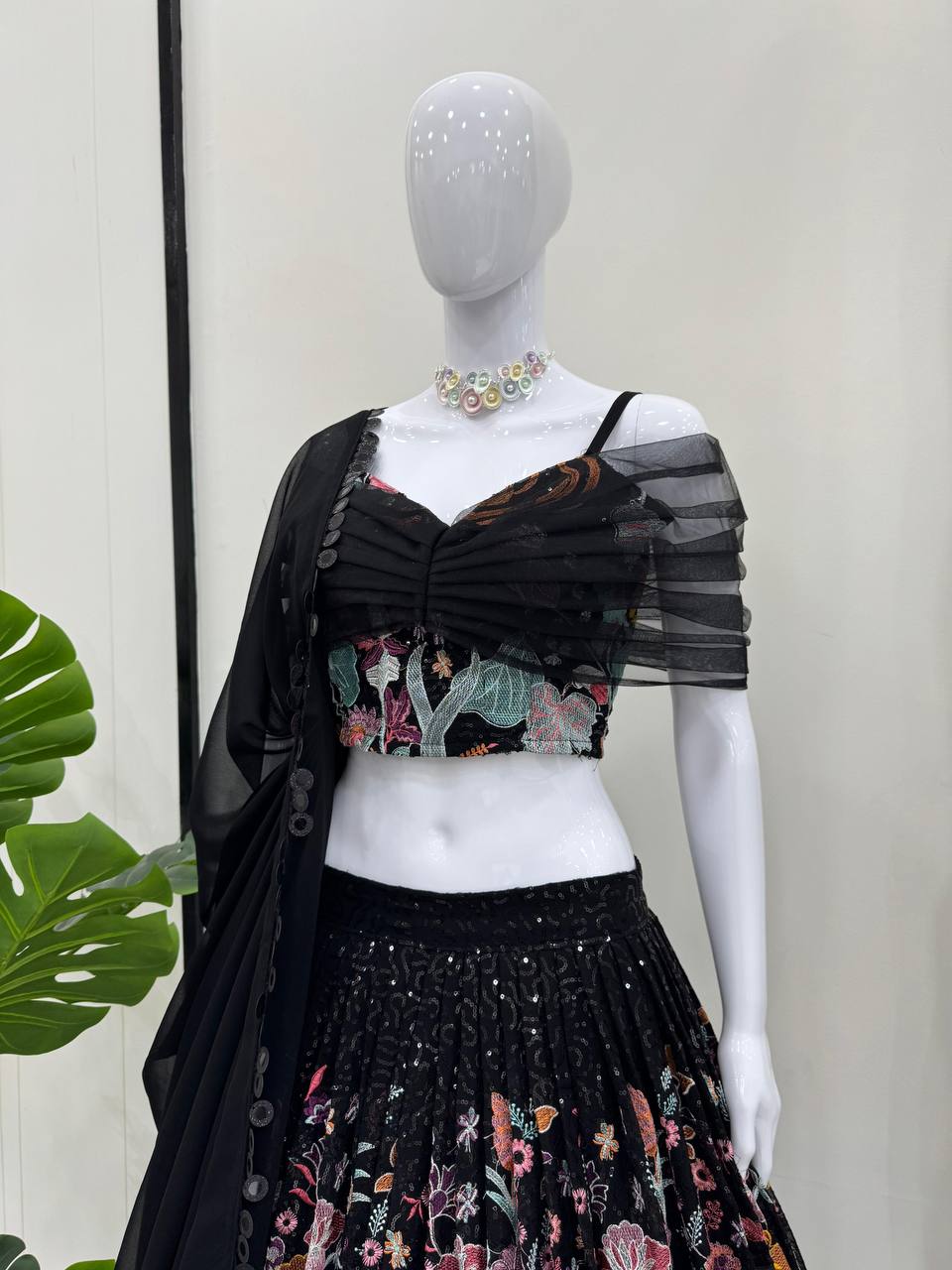 Faux Georgette Lehenga Choli Set - Thread & Sequence Embroidered black