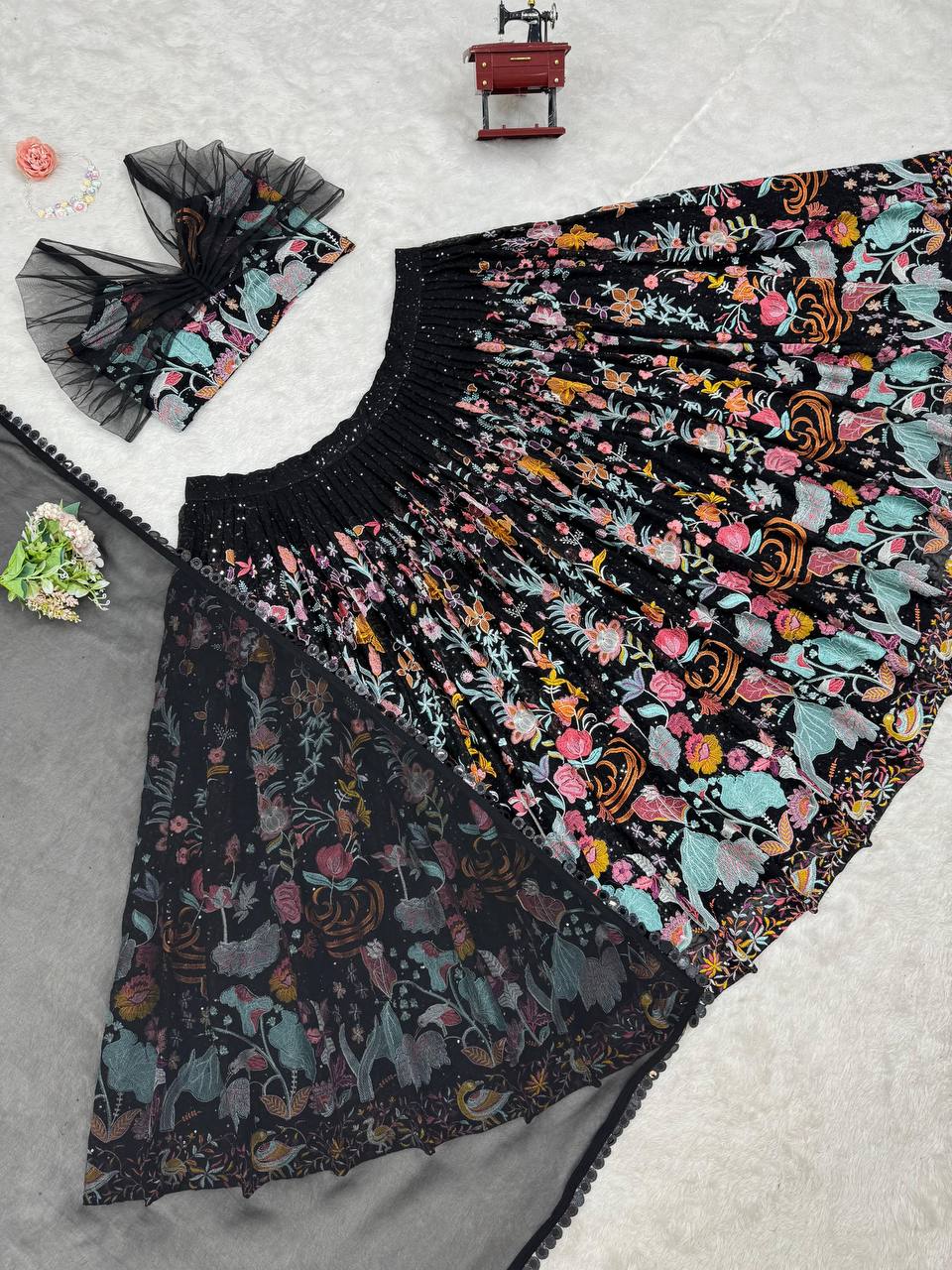 Faux Georgette Lehenga Choli Set - Thread & Sequence Embroidered black