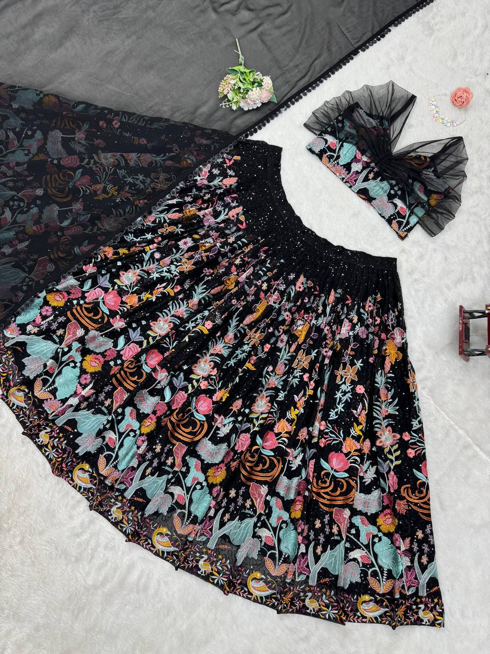 Faux Georgette Lehenga Choli Set - Thread & Sequence Embroidered black