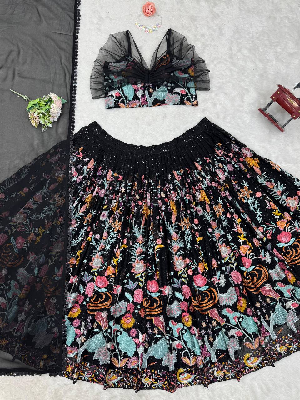 Faux Georgette Lehenga Choli Set - Thread & Sequence Embroidered black