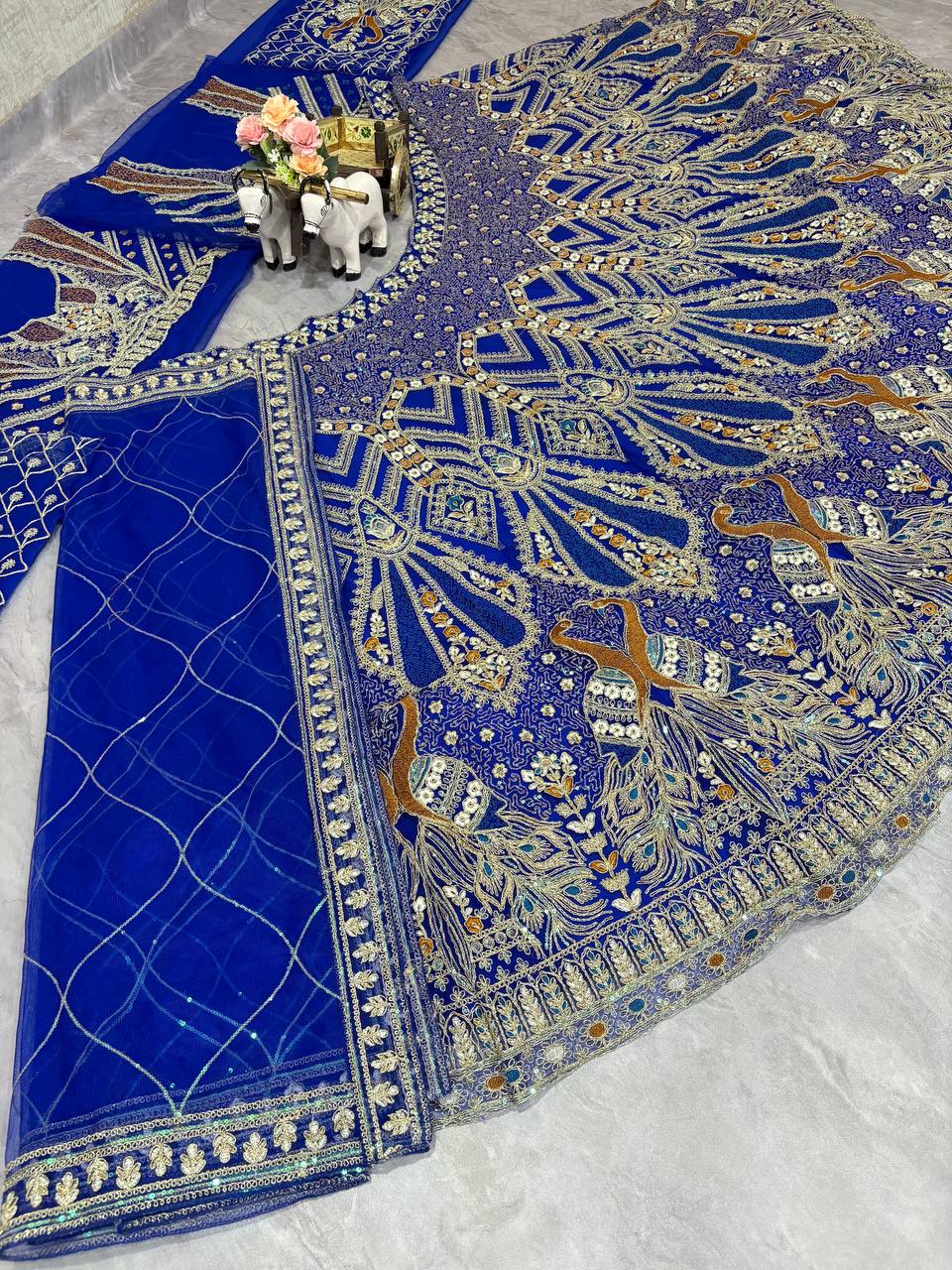 Royal Blue Heavy Embroidered Lehenga Set with Peacock Design and Zari Work