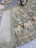Ivory Gold Peacock Embroidered Net Lehenga Choli with Blue Accents