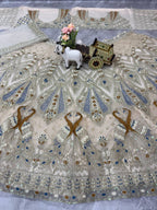 Ivory Gold Peacock Embroidered Net Lehenga Choli with Blue Accents