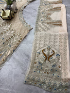 Ivory Gold Peacock Embroidered Net Lehenga Choli with Blue Accents
