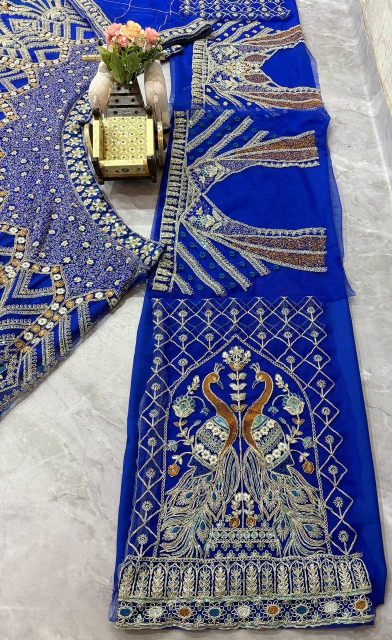 Royal Blue Heavy Embroidered Lehenga Set with Peacock Design and Zari Work