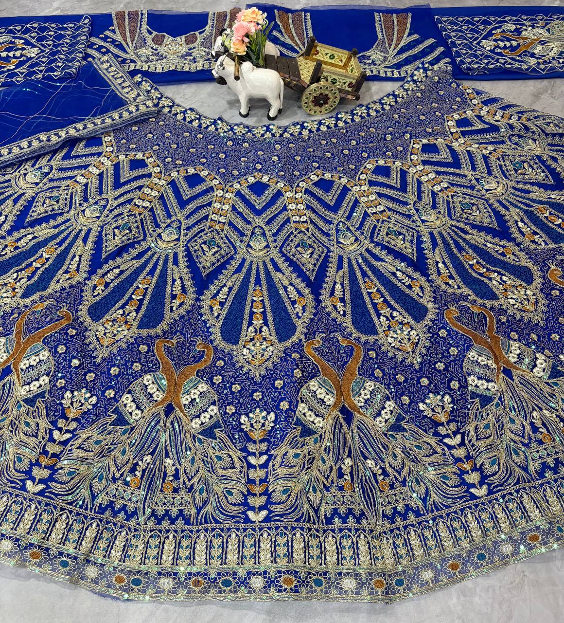 Royal Blue Heavy Embroidered Lehenga Set with Peacock Design and Zari Work