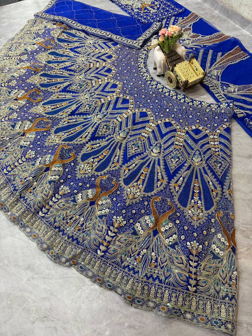Royal Blue Heavy Embroidered Lehenga Set with Peacock Design and Zari Work