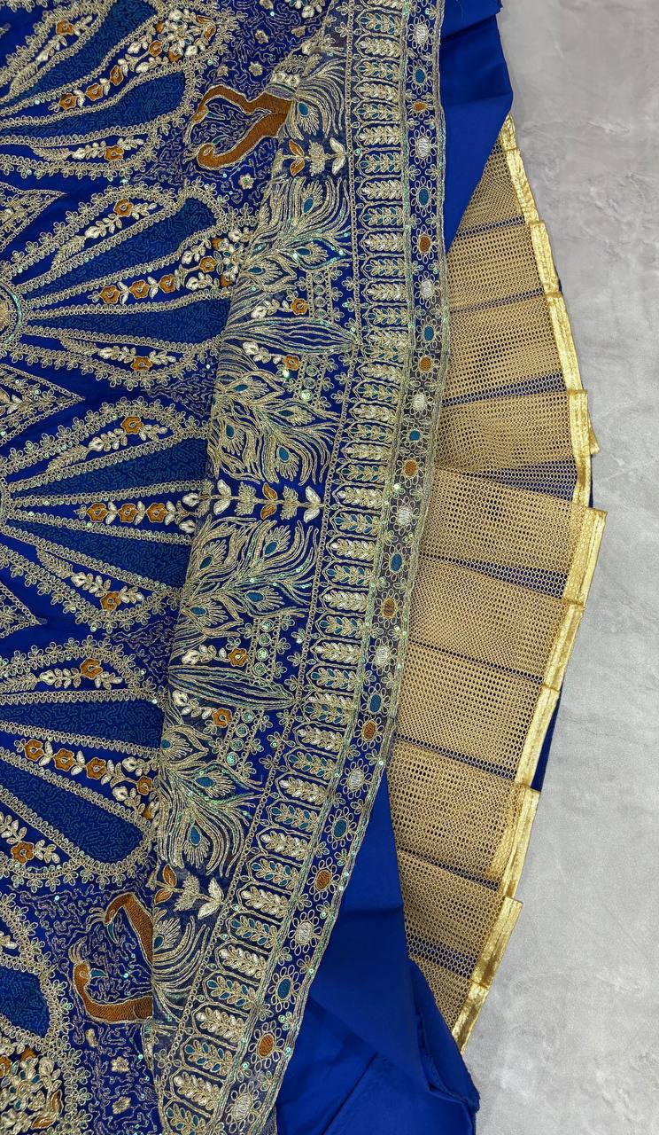 Royal Blue Heavy Embroidered Lehenga Set with Peacock Design and Zari Work