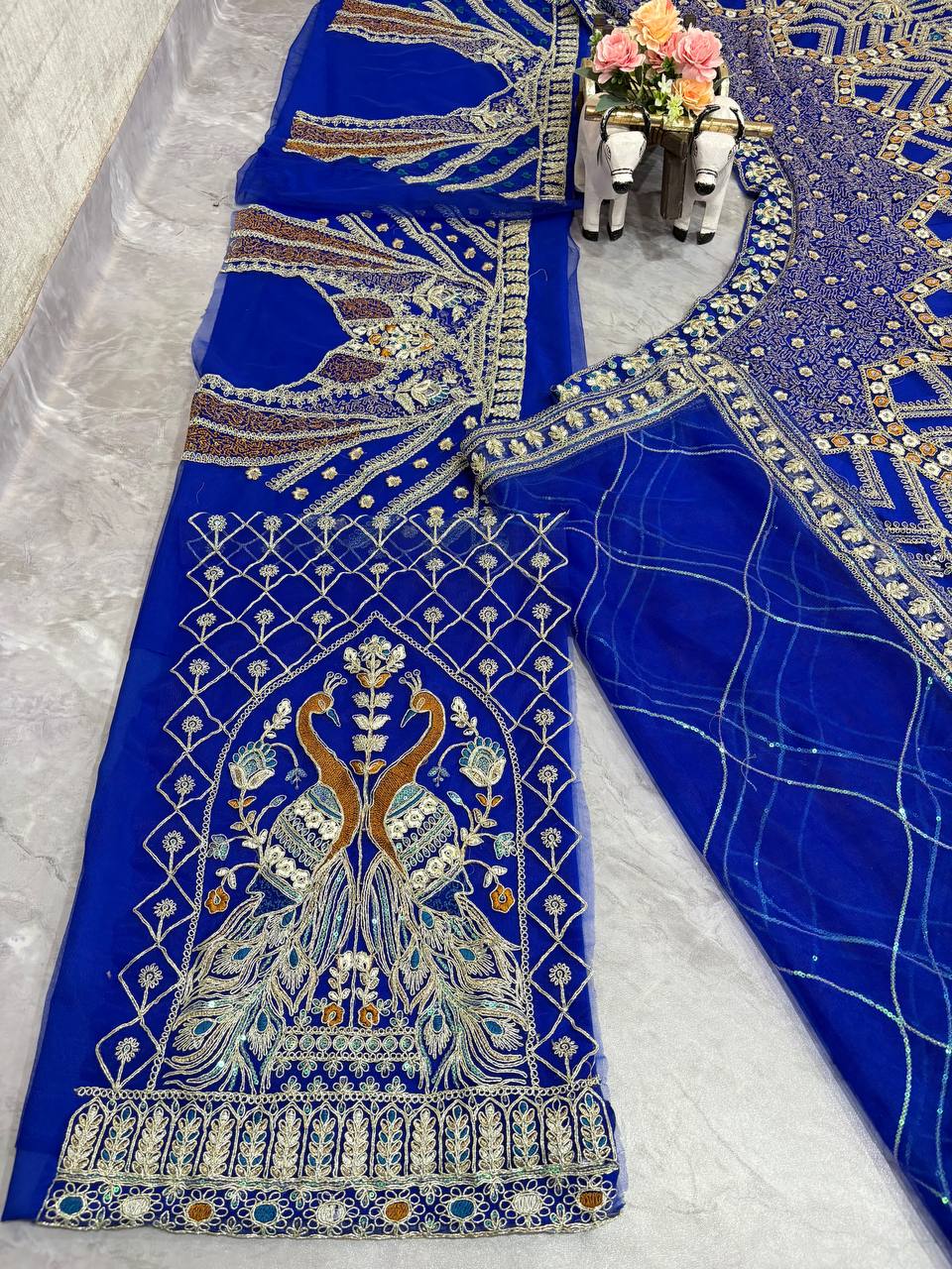 Royal Blue Heavy Embroidered Lehenga Set with Peacock Design and Zari Work
