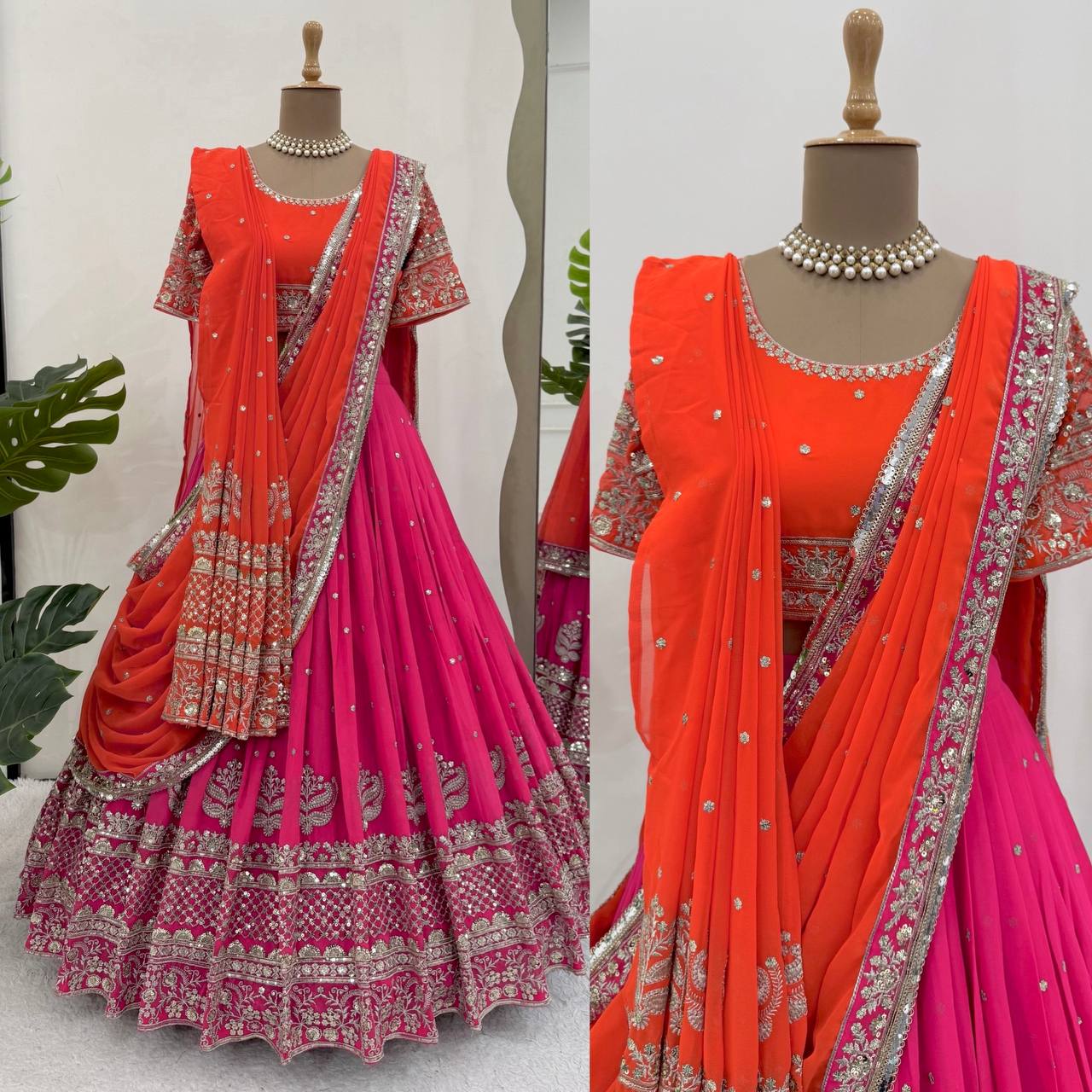 Faux Georgette Lehenga Choli Set - 3m Flare with Thread & Sequence Work