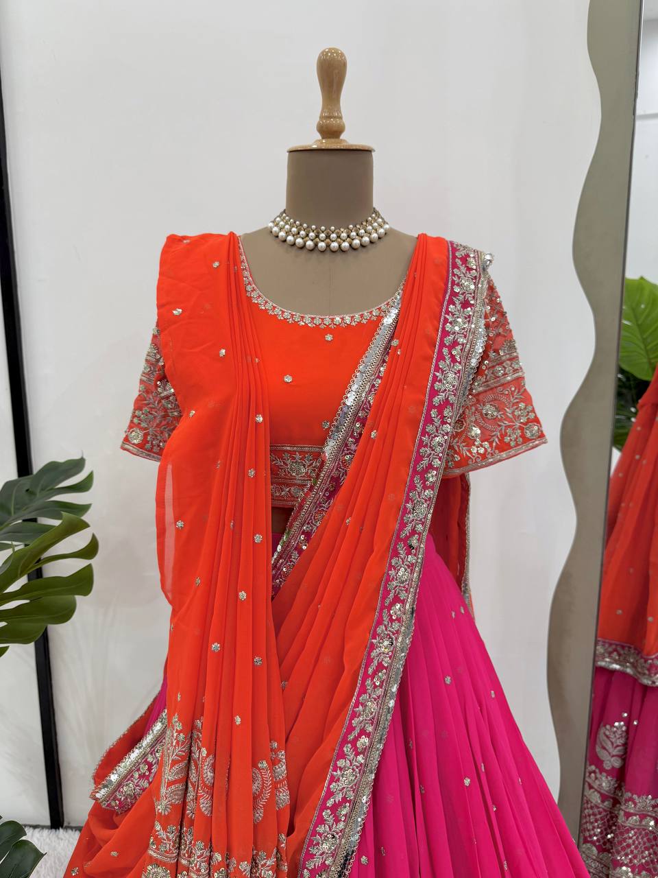 Faux Georgette Lehenga Choli Set - 3m Flare with Thread & Sequence Work