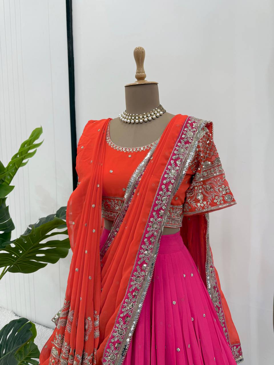 Faux Georgette Lehenga Choli Set - 3m Flare with Thread & Sequence Work