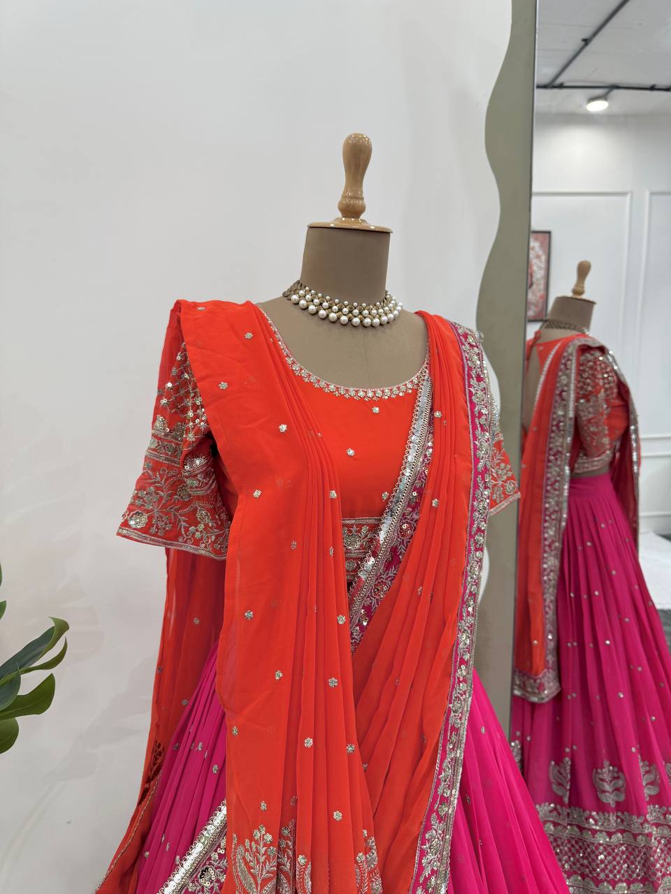 Faux Georgette Lehenga Choli Set - 3m Flare with Thread & Sequence Work