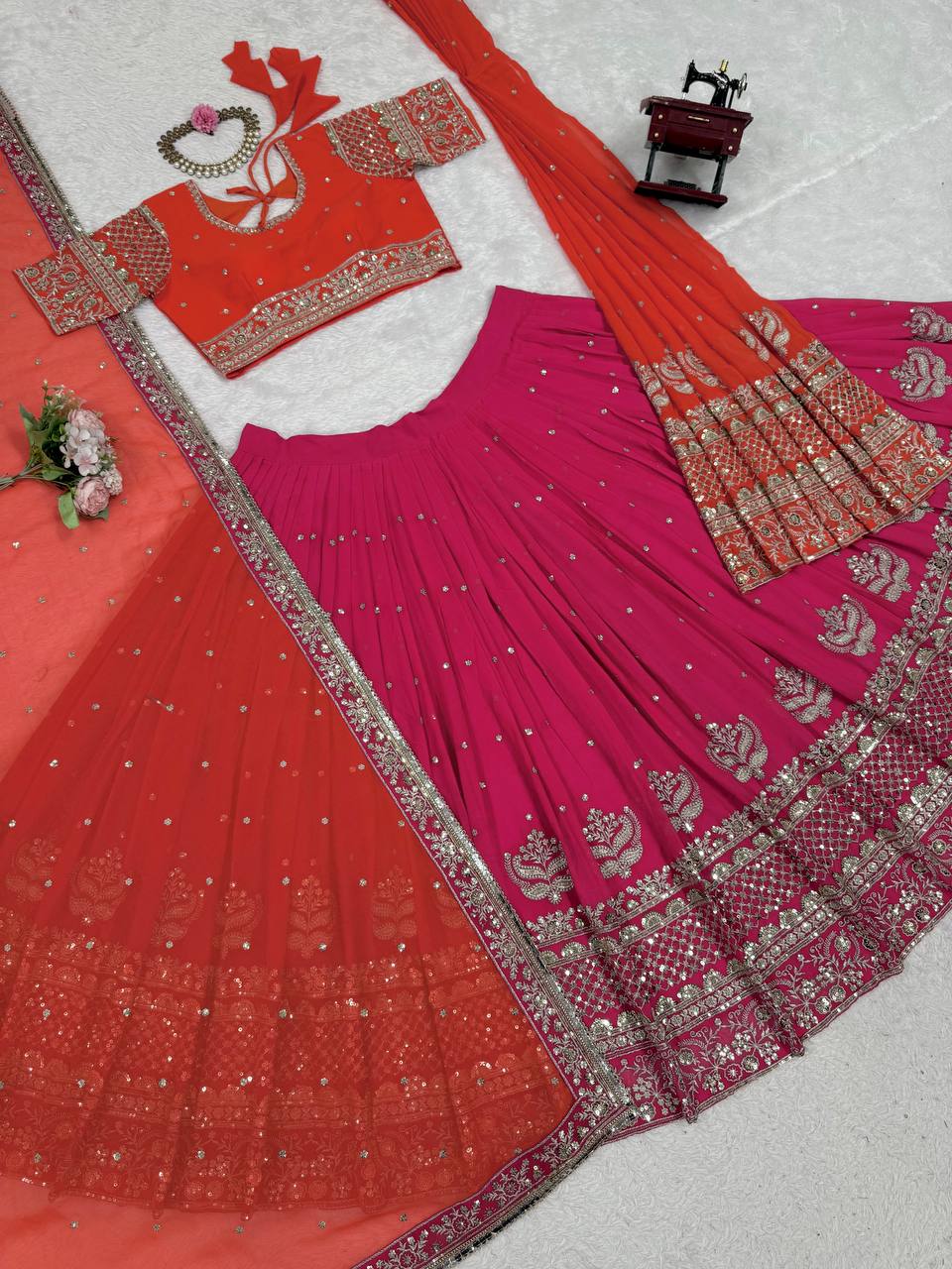 Faux Georgette Lehenga Choli Set - 3m Flare with Thread & Sequence Work