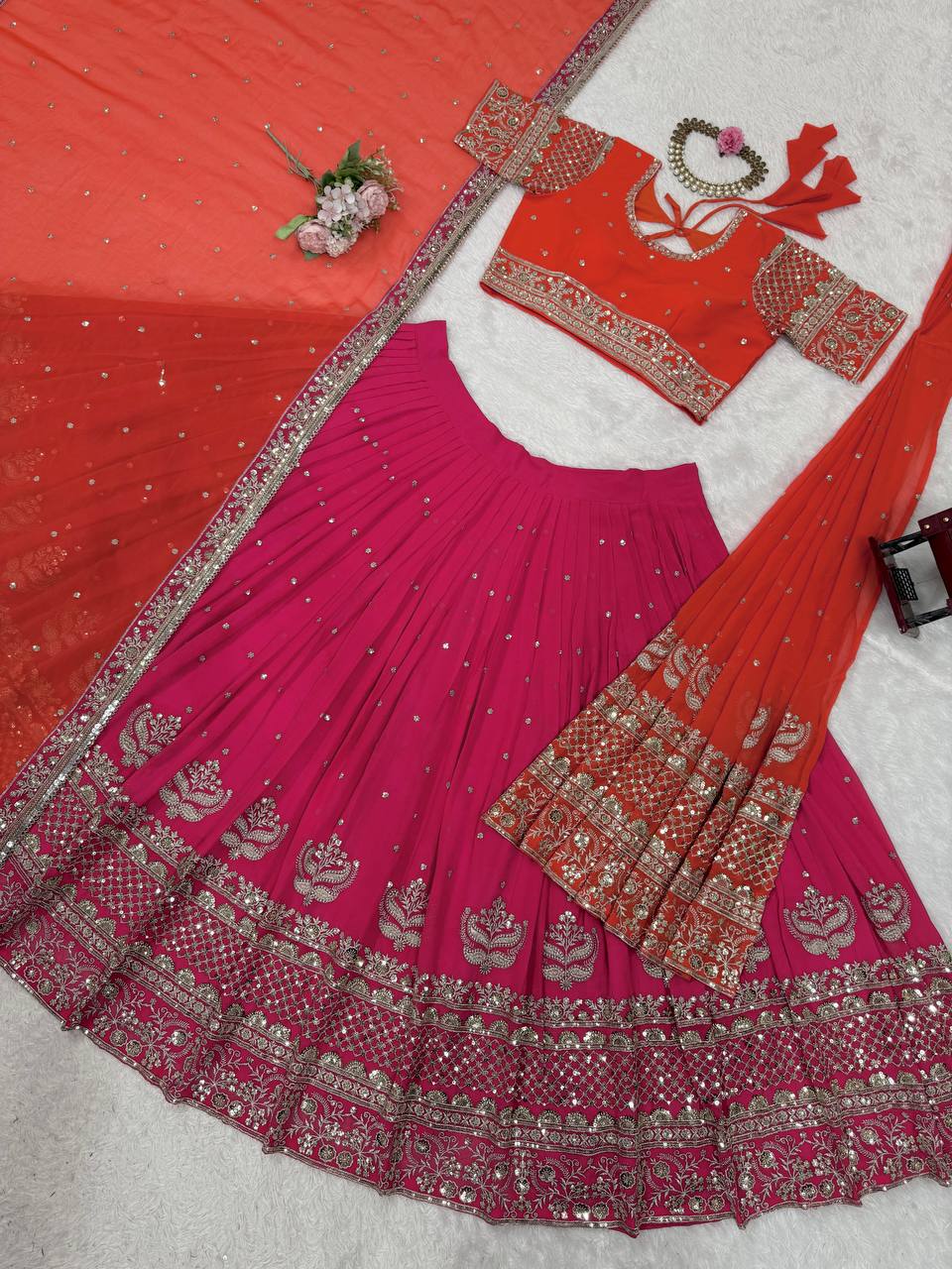 Faux Georgette Lehenga Choli Set - 3m Flare with Thread & Sequence Work