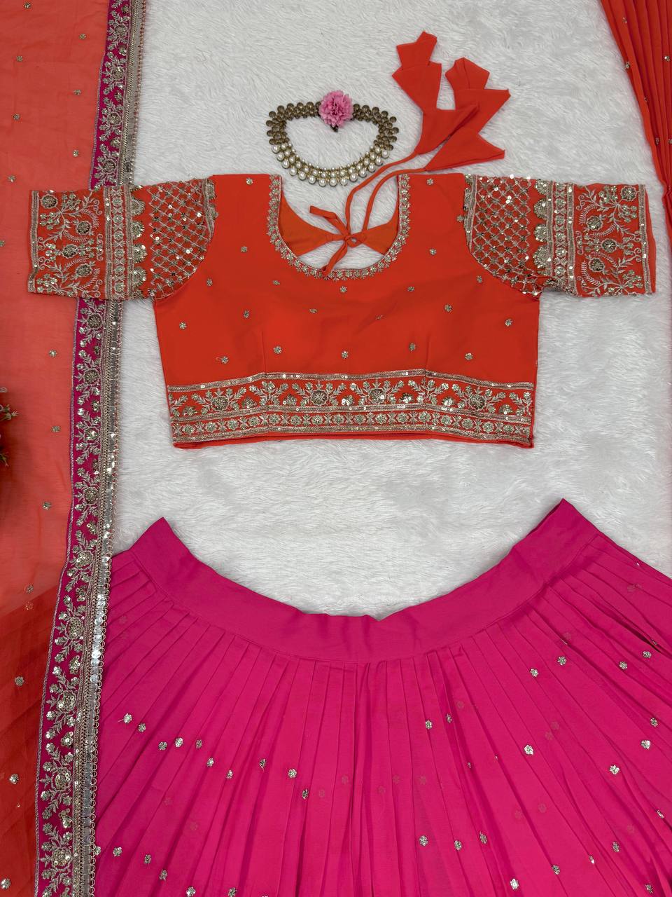 Faux Georgette Lehenga Choli Set - 3m Flare with Thread & Sequence Work