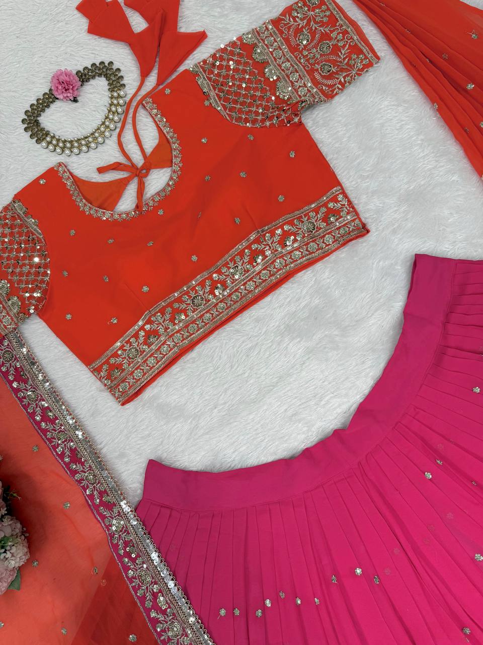 Faux Georgette Lehenga Choli Set - 3m Flare with Thread & Sequence Work