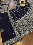 deep navy blue ensemble with intricate silver zari and thread embroidery