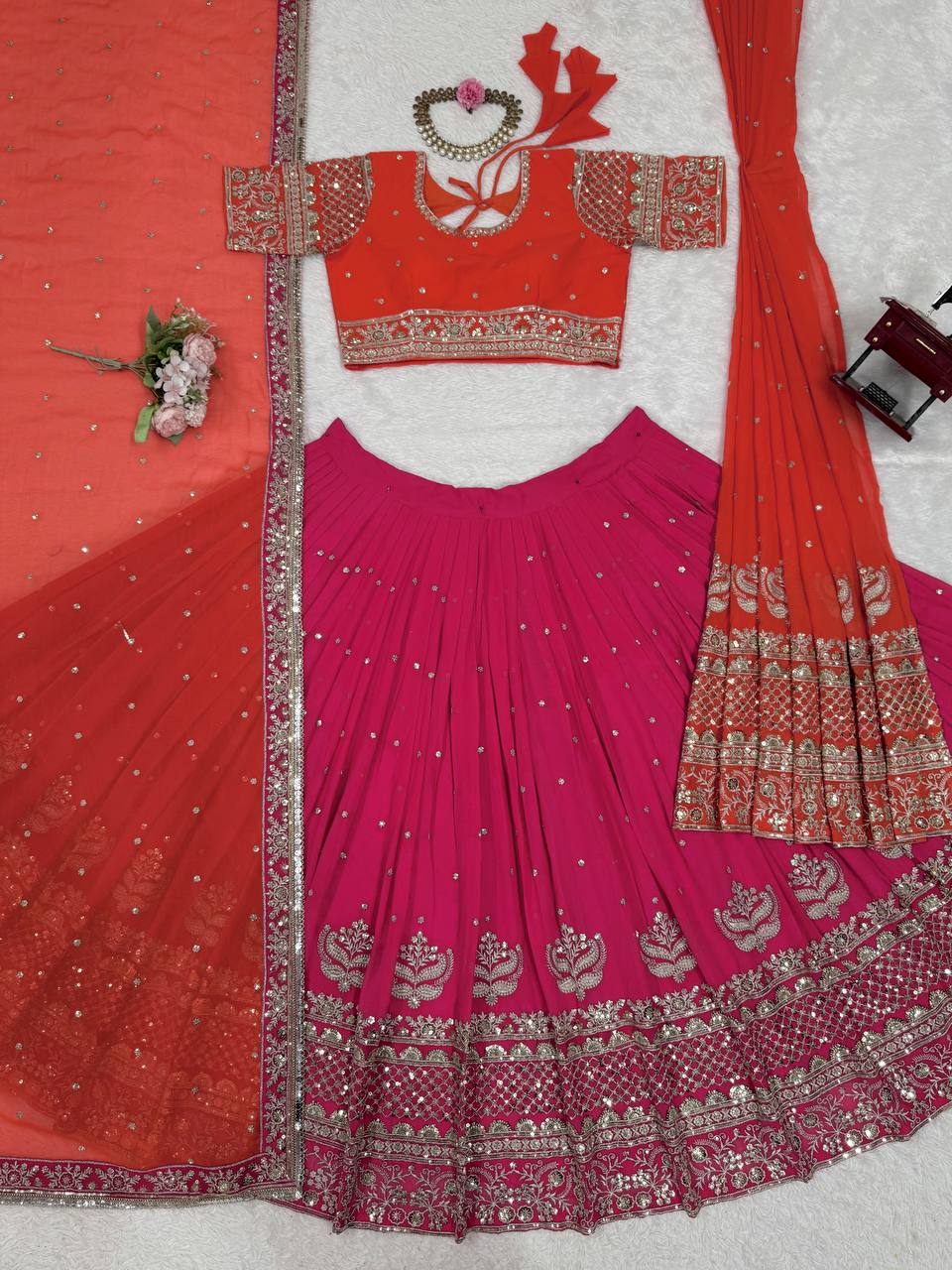 Faux Georgette Lehenga Choli Set - 3m Flare with Thread & Sequence Work