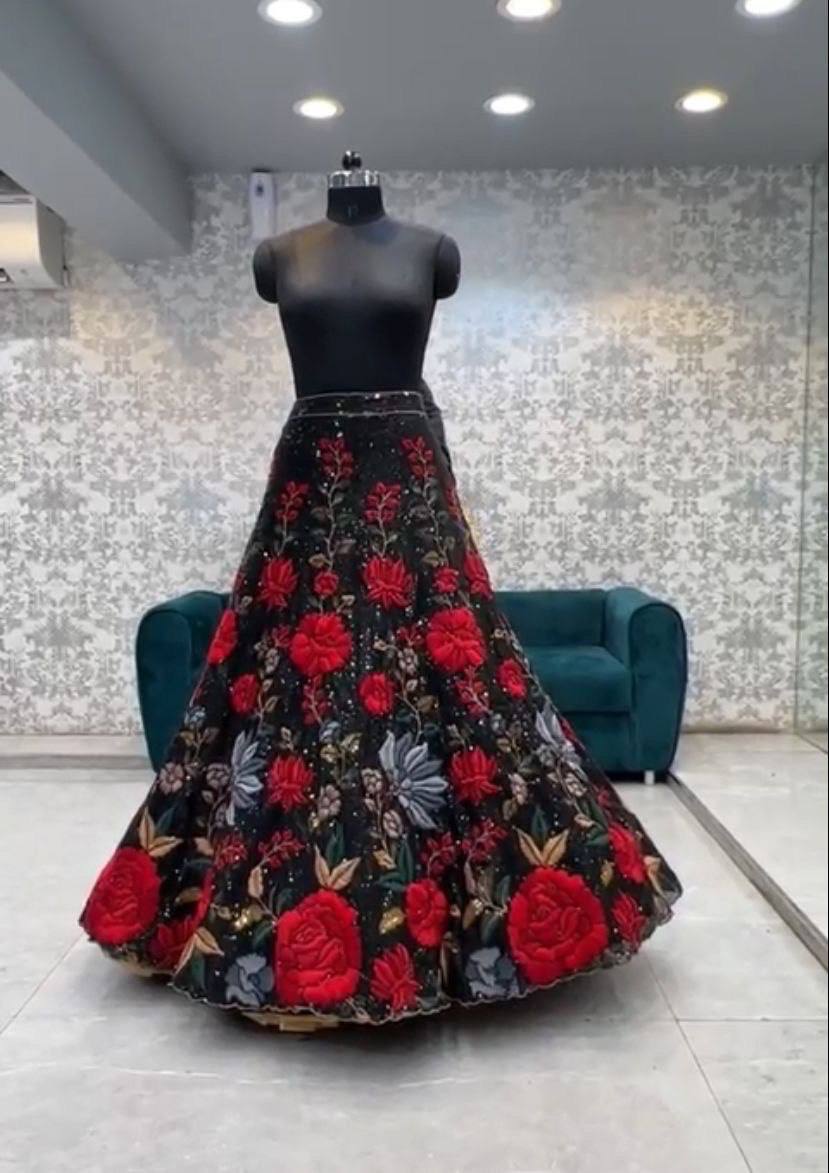 Trendy black Soft Mono Net lehenga with Embroidered Work With Cancan  and designer blouse