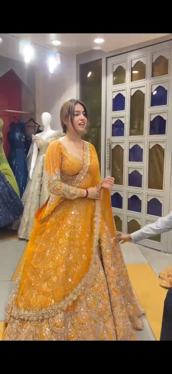 Musturd  Colour lehenga with Real Mirror and  Sequins Embroidery Work With Cancan and designer blouse perfect your wedding desire