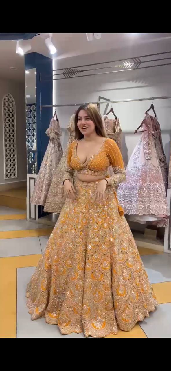 Musturd  Colour lehenga with Real Mirror and  Sequins Embroidery Work With Cancan and designer blouse perfect your wedding desire