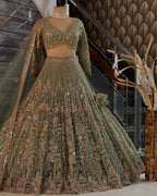Olive Green Heavy Embroidered Net Lehenga Choli with Sequins & Zari Detailing
