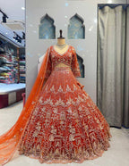 “Burnt Orange Soft Net Bridal Lehenga with Coding Sequins Embroidery – Length 42, Blouse up to 5XL”