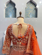 “Burnt Orange Soft Net Bridal Lehenga with Coding Sequins Embroidery – Length 42, Blouse up to 5XL”