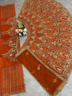 “Burnt Orange Soft Net Bridal Lehenga with Coding Sequins Embroidery – Length 42, Blouse up to 5XL”