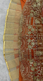 “Burnt Orange Soft Net Bridal Lehenga with Coding Sequins Embroidery – Length 42, Blouse up to 5XL”