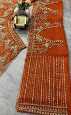“Burnt Orange Soft Net Bridal Lehenga with Coding Sequins Embroidery – Length 42, Blouse up to 5XL”