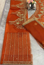 “Burnt Orange Soft Net Bridal Lehenga with Coding Sequins Embroidery – Length 42, Blouse up to 5XL”