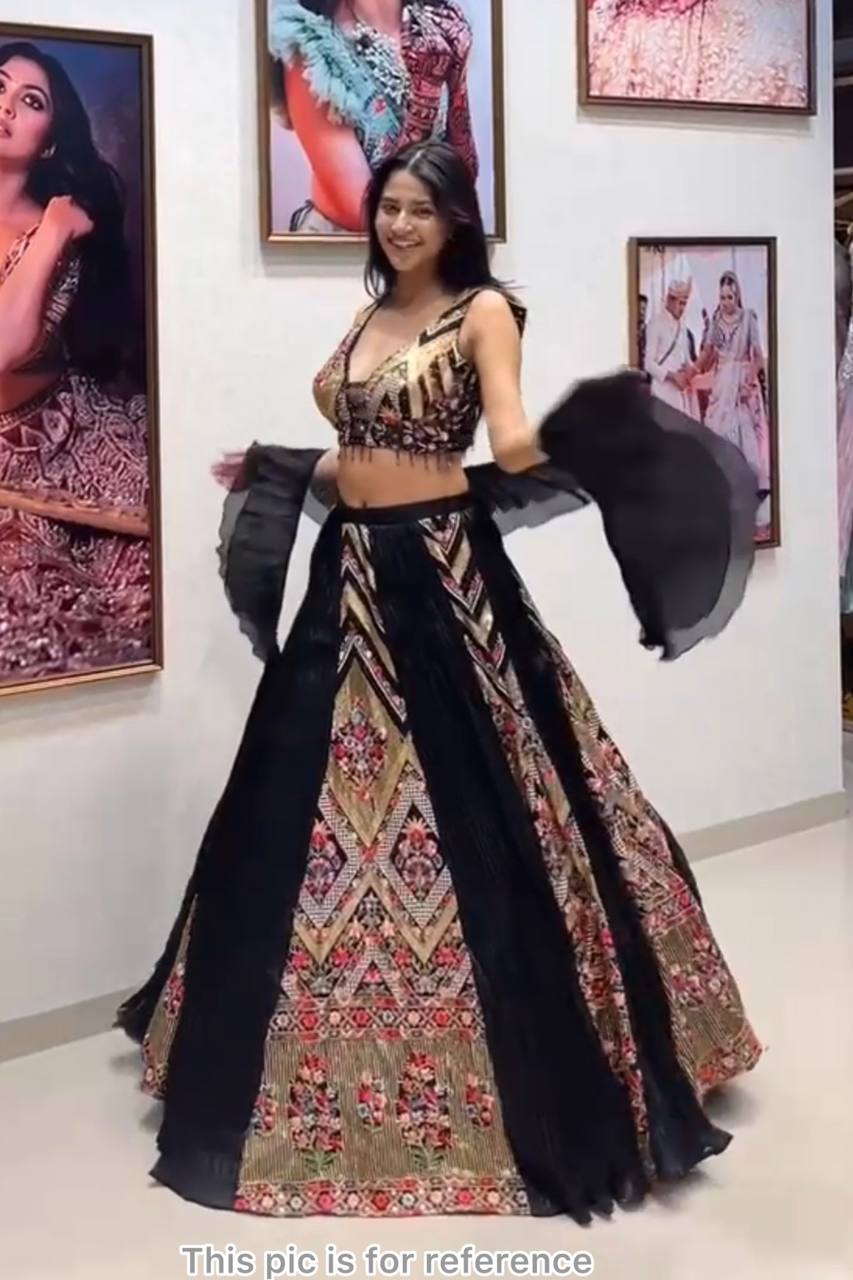 Multi colour black faux georgette lehenga with equins Embroidery Work  and designer blouse.