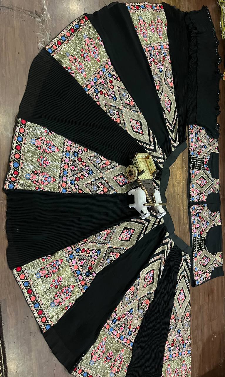 Multi colour black faux georgette lehenga with equins Embroidery Work  and designer blouse.