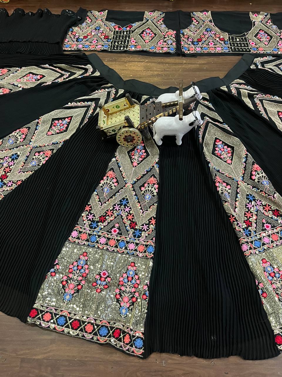 Multi colour black faux georgette lehenga with equins Embroidery Work  and designer blouse.