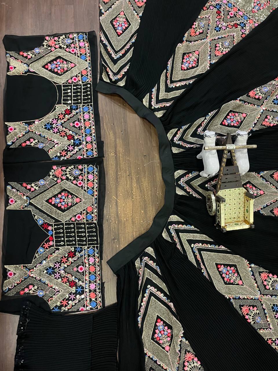 Multi colour black faux georgette lehenga with equins Embroidery Work  and designer blouse.