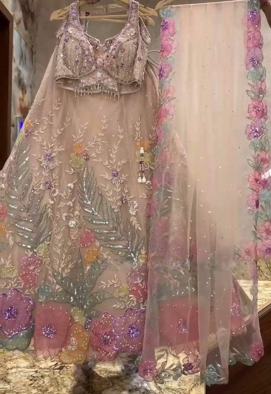 Multi-Color Embroidered Lehenga Set with 3D Floral and Sequin Work