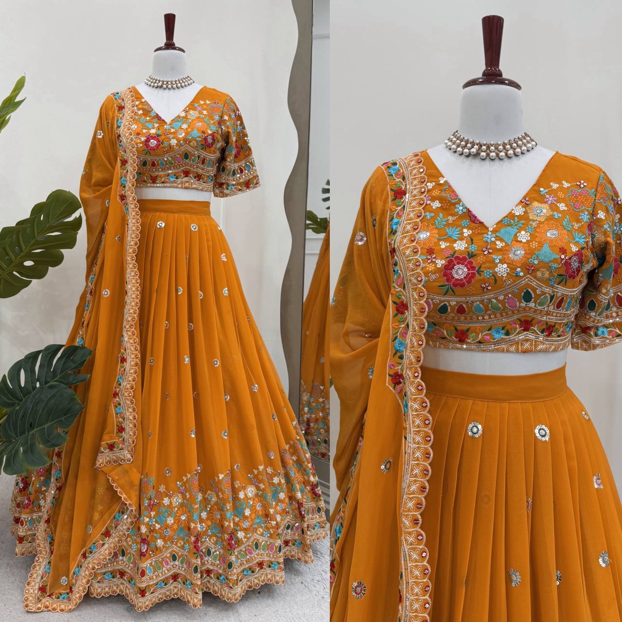 Faux Georgette Lehenga Choli Set - Thread & Sequence Embroidered Ethnic Wear