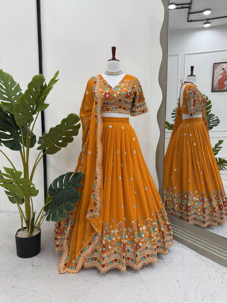 Faux Georgette Lehenga Choli Set - Thread & Sequence Embroidered Ethnic Wear